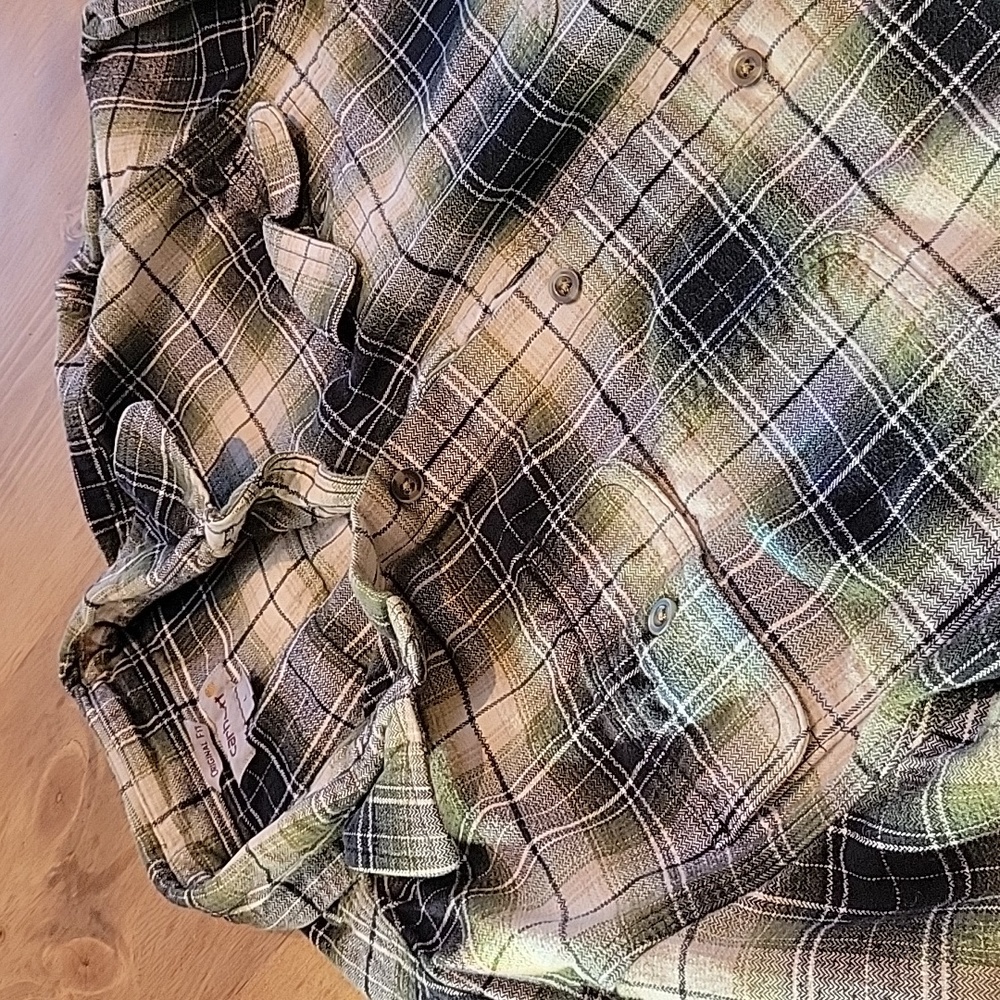 Carhartt Men's Plaid Button-Down Shirt in Black, White, Green - Picture 3 of 4
